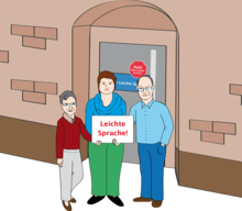 3 Prüfer stehen vor der Eingangstür vom Büro für Leichte Sprache. Die Prüfer halten alle ein Schild fest. Auf dem Schild steht: Leichte Sprache!