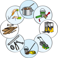 Einige verschiedene Arbeitsbereiche. Zum Beispiel:Ein Rasenmäher, Gabelstabler, Kochtopf, Werkzeug.